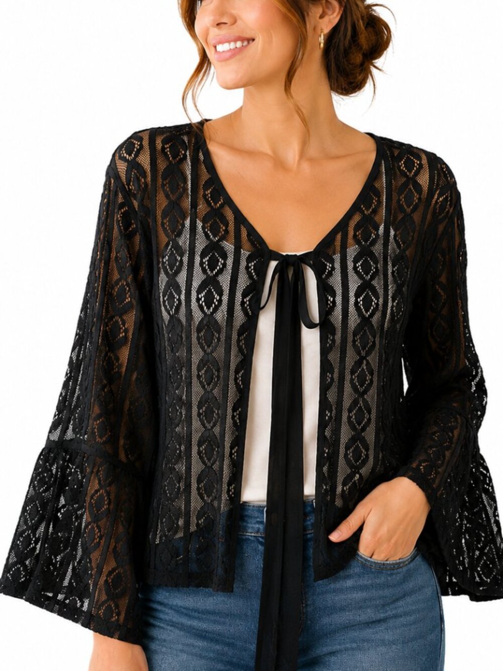 Stretch Lace Lady Jacket with 3/4 Bell Sleeves, Tie Front NWT